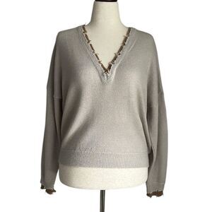 Nation LTD Baby Alpaca Cotton Blend Sweater  Size S Beige Distressed V-Neck